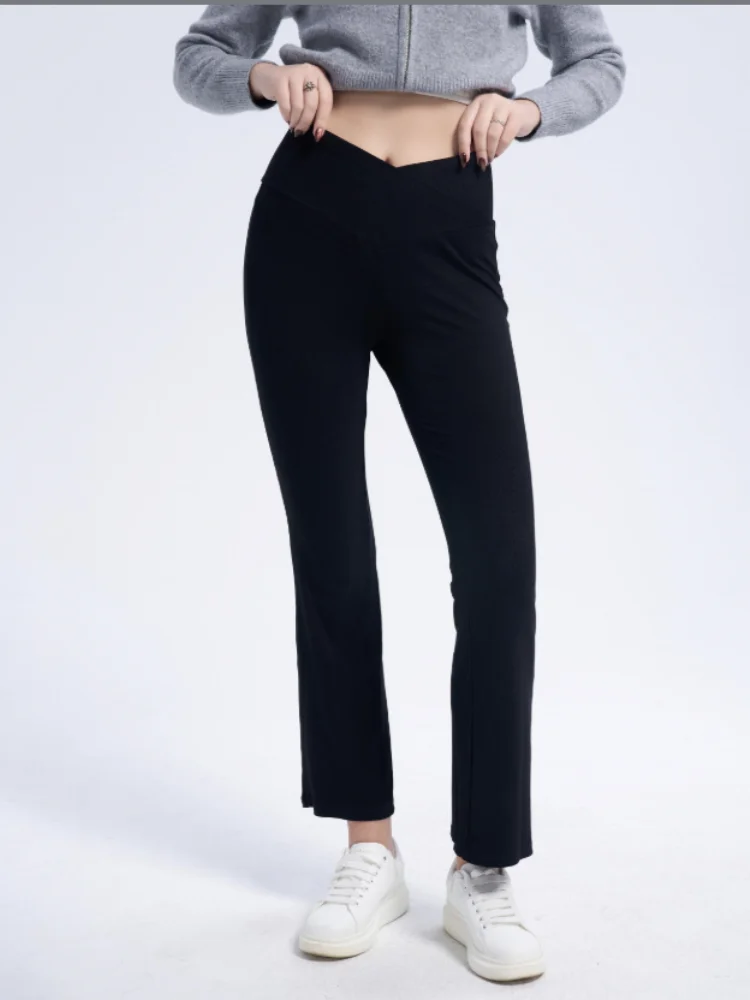 Pantalones Negros de Cintura Alta con Frente Cruzado y Textura Acanalada - Pantalones Cortos Ajustados para Ropa Casual y de Descanso