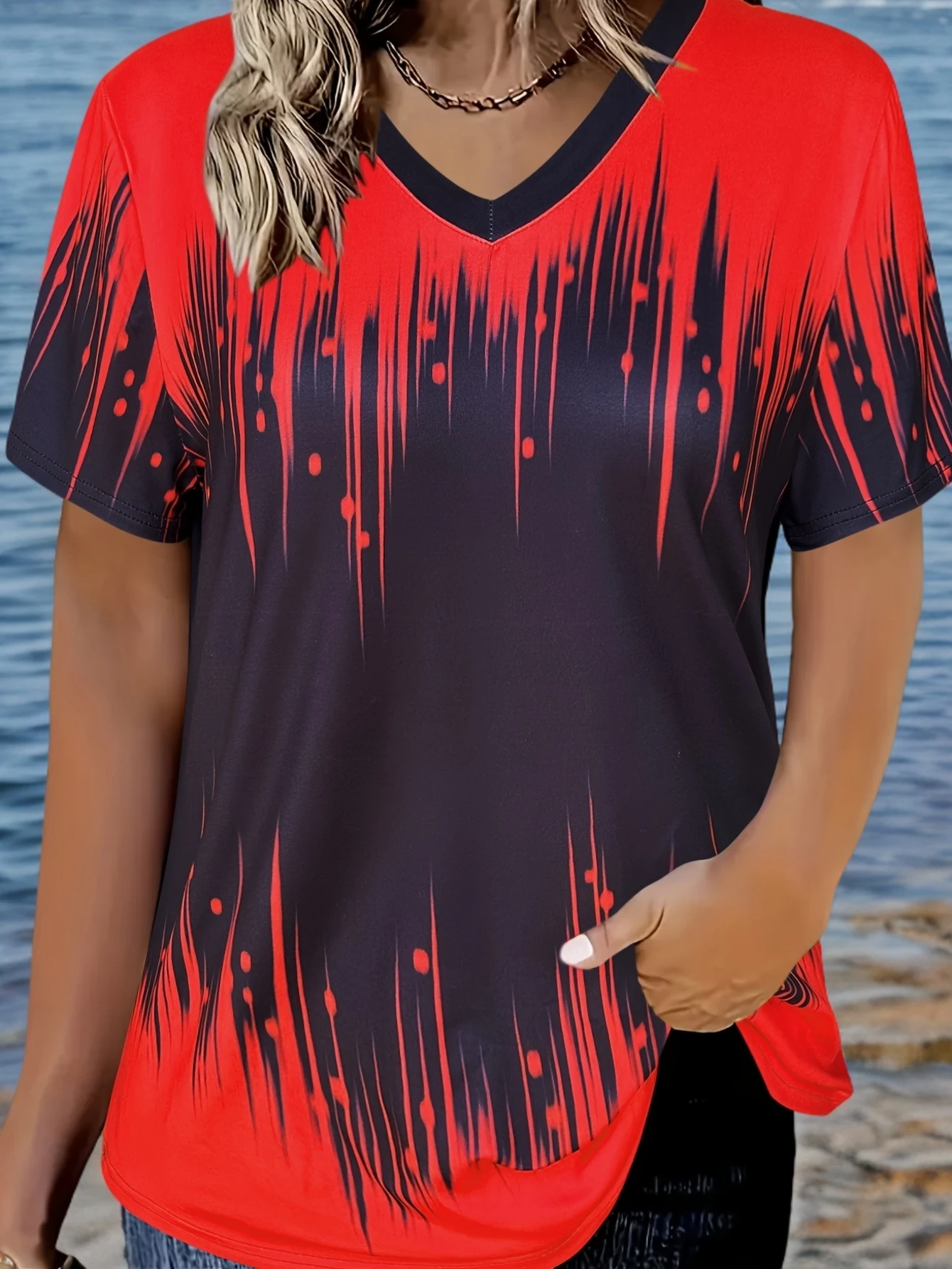 T-shirt da donna estiva casual elegante scollo a V a maniche corte top sfumato allentato abbigliamento casual T-shirt da donna Y2K