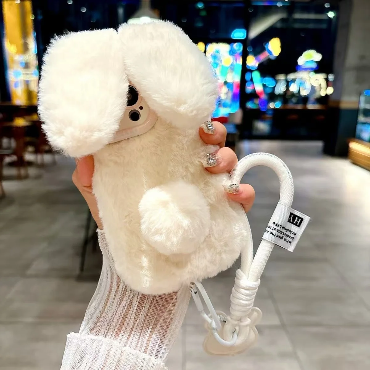 For IPhone 16 15 14 13 12 Pro Max Pink Long Ears Rabbit Plush Phone Case Fall Winter Cute Warm Phone Protective Jacket
