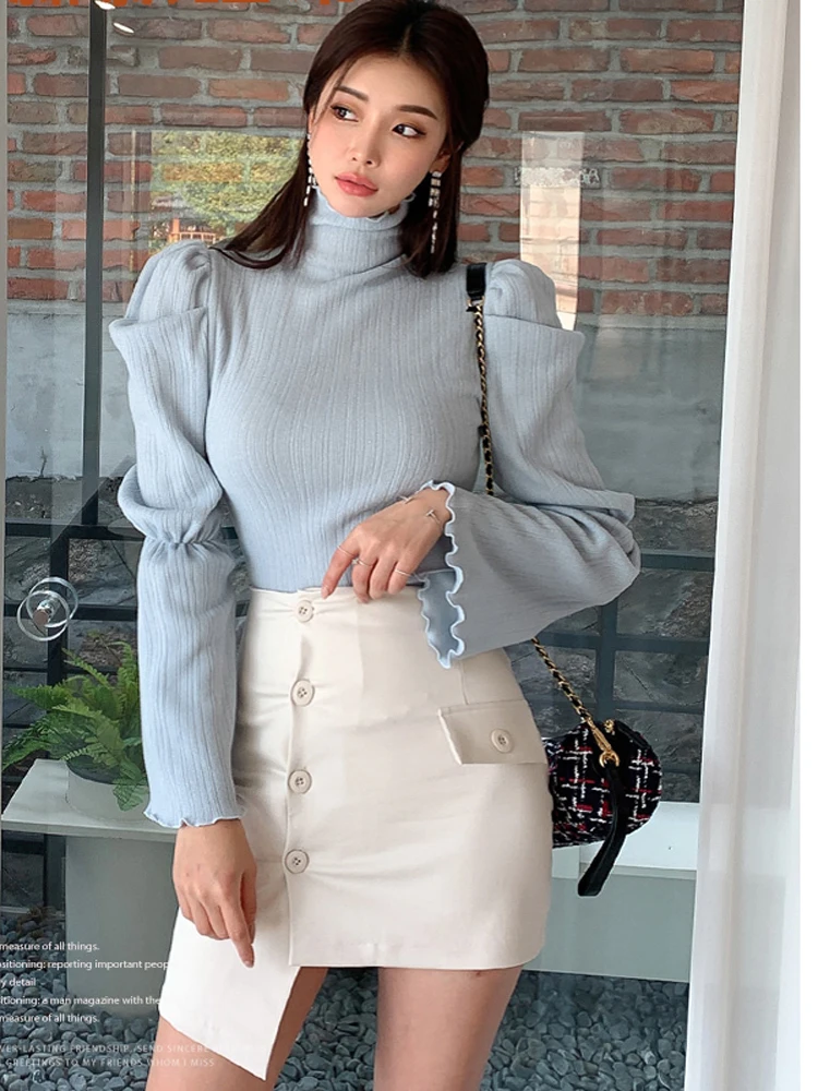 

Korea Women 2 Piece Sets Spring Elegant Puff Long Sleeve Knit Pullover Tops + Sexy Bodycon Mini Skirts Fashion Work OL Outfits