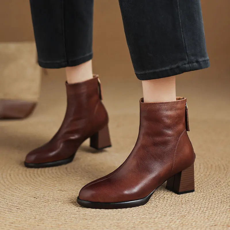 News 2027 Fashion Women Ankle Boots Winter Shoes Cow Leather Autumn High Heels Zipper Sexy Warm Round Toe Short Boots 34-40