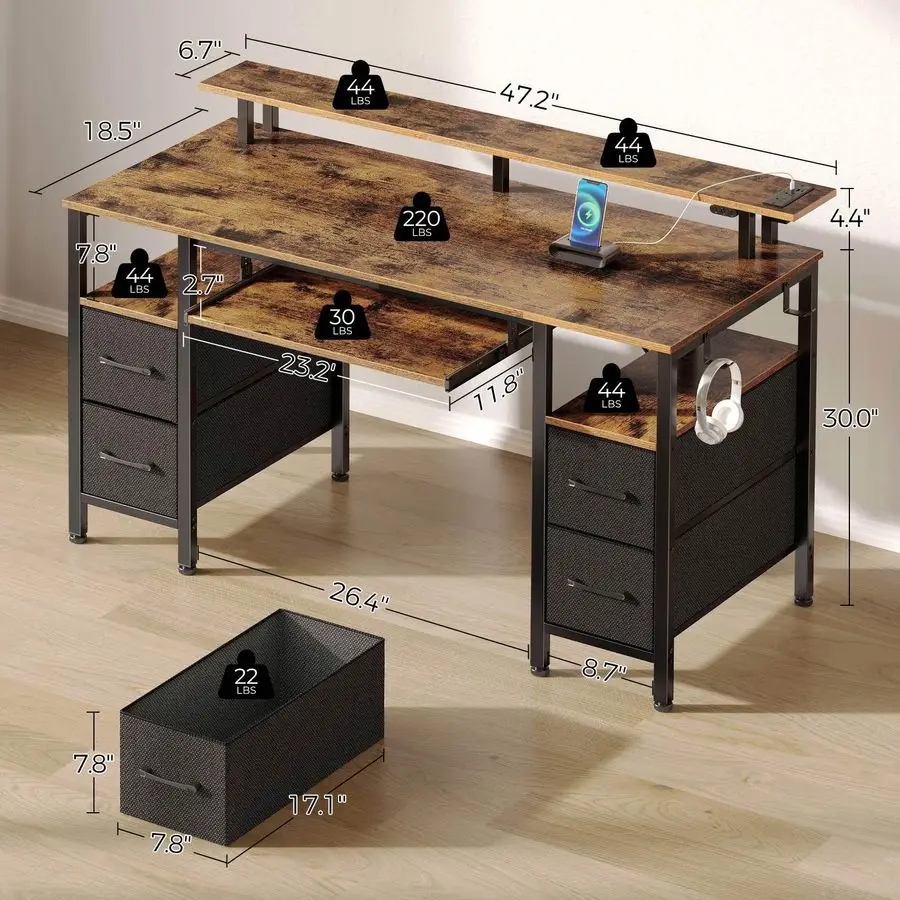 Computer Desk 47.2 with LED Lights amp Power Outlets, Home Office Desk with 4 Drawers, Writing Desk with Keyboard Tray, Study Ta