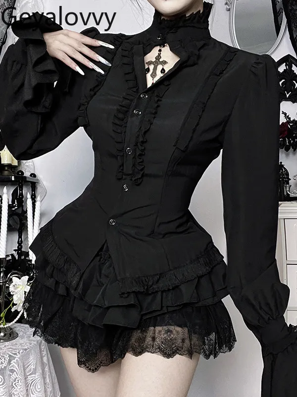 

Spring and Autumn Gothic Style Long Sleeve Top High Collar Lace Casual Shirt Slim Fit Ruffled Solid Color Elegant Blouses Women