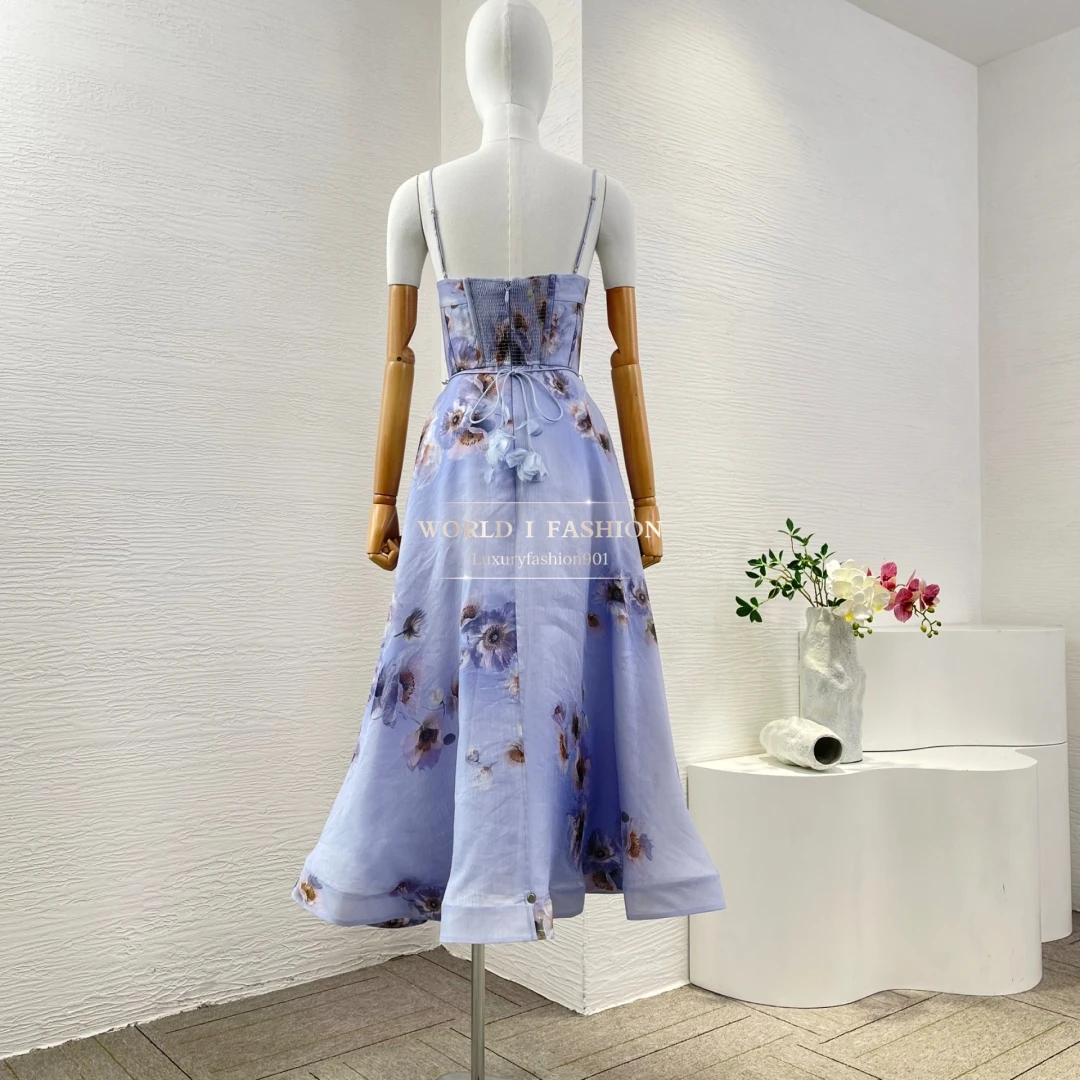 

2025 New Woman Clothing Purple Floral Print Fish Bones Suspender Sleeveless Appliques Midi Dress