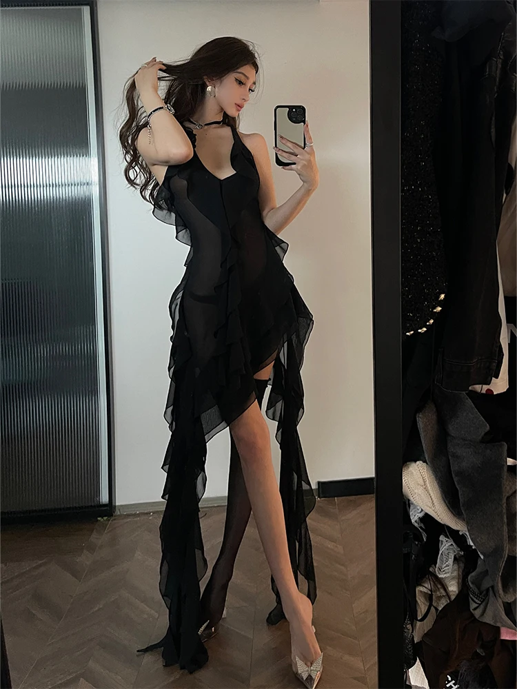 

ChiclyNana Sexy Bla Off-oulder Dr Ne Hanging Design Slimming Skirt V-Ne Hollow out Bell Sve Polyester Blend Dr