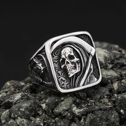 Vintage Stainless Steel Death Sickle Skull Rings For Men Punk Hip Hop Domineering Skull Ring Party Biker Jewelry Gifts Wholesale