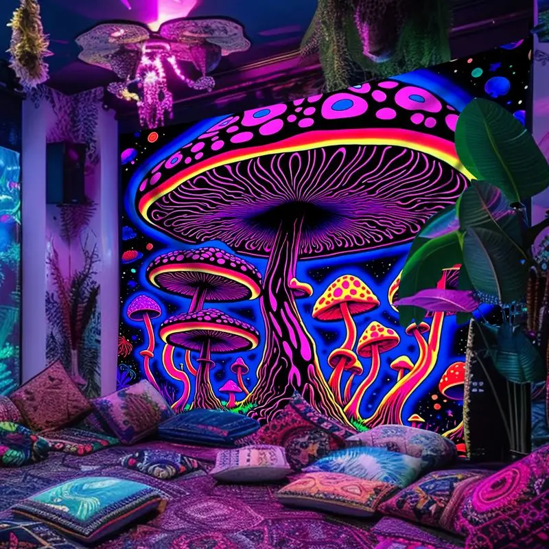 VIKAMA Blacklight Giant Mushroom Tapestry Neon Pink Purple Trippy Wall Hanging UV Reactive Hippie Indie Bedroom Decor