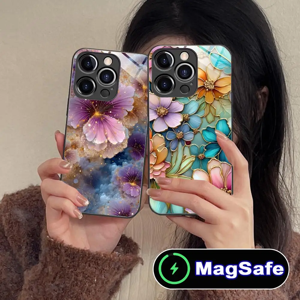 

Чехол для мобильного телефона с золотыми цветами для iPhone 16, 15, 14, 13, 12, 11 Pro Max Plus Mini MagSafe, стеклянный цвет, защитный роскошный чехол