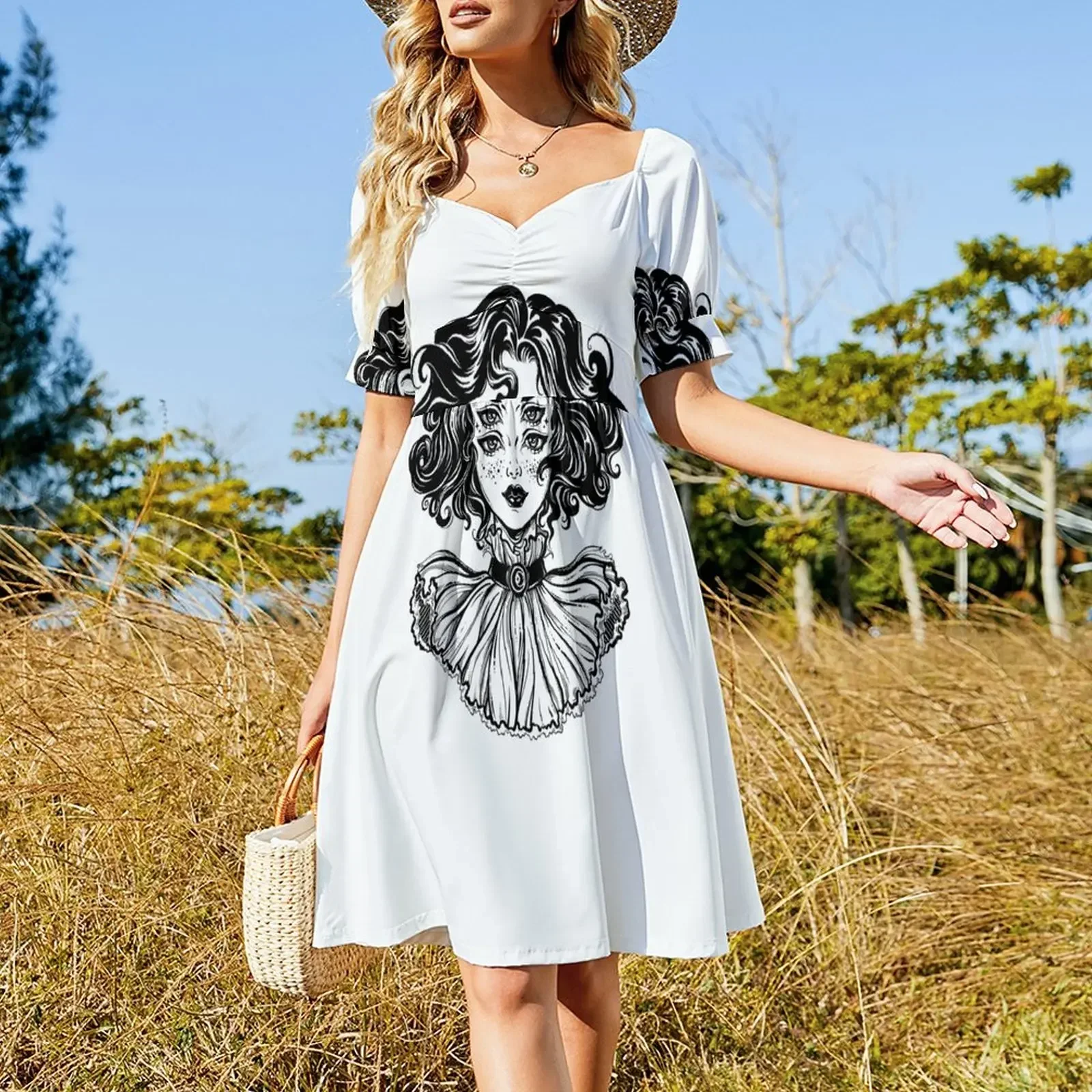 Gothic witch girl head portrait with curly hair and four eyes. Sleeveless Dress women's summer jumpsuit Dress