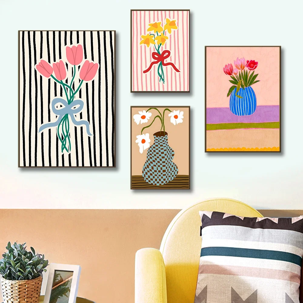 Vintage Botanical Poster Stripes Flower Vase Floral Still Life Illustration Canvas Painting Print Wall Art Picture Home Decor