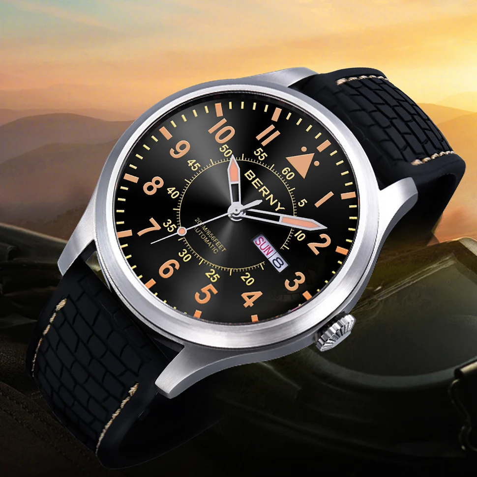 BERNY 20Bar Diver Men Automatic Watch Mechanical Watch NH36 Pilot Military Sapphire Luminous Over Size Waterproof 20ATM Watches