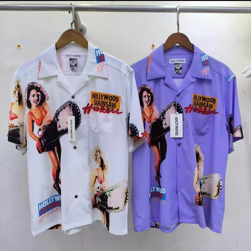 

Blue Purple White Portrait Print Chaopai Hawaii Beach Shirt Men Woman 1:1 Good Quality New Summer Style T Shirt