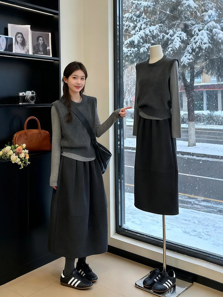 

Зимний комплект модного трио больших размеров для женщин, удобный вязаный базовый многослойный жилет и юбка, теплый и сли