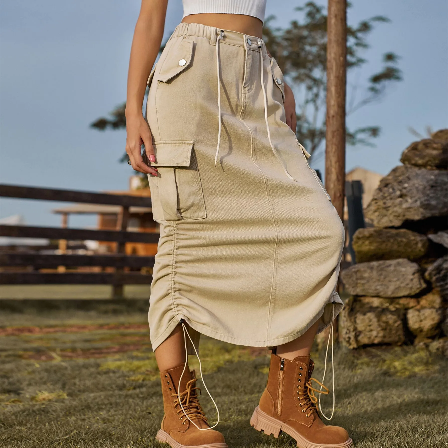 

Summer Women's Clothing Drawstring Elastic Waist Denim Skirt Streetwear Casual Midi Skirt For Woman Vintage Workwear Style