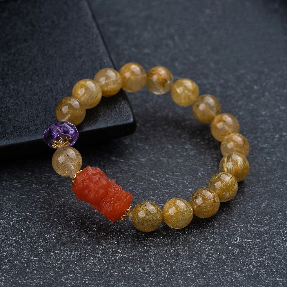 

Mencheese Natural Crystal Gold Rutilated Quartz Bracelet South Red Mother Carving Amethyst Design Lucky Bracelet