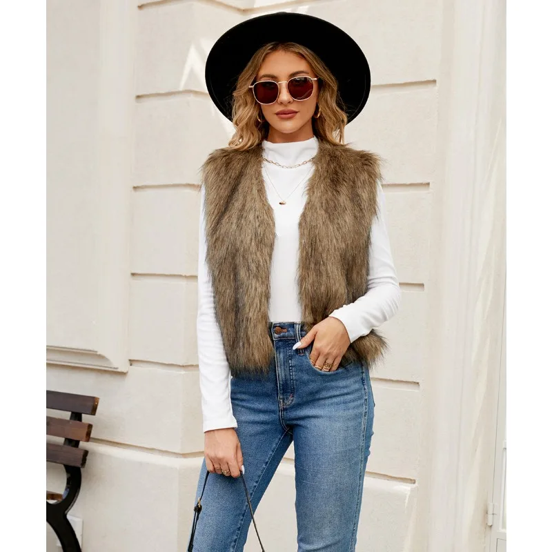 レディースふわふわフェイクファーベスト - ヴィンテージスタイルノースリーブ暖かいベスト秋冬ファッションアウタージャケット女性用