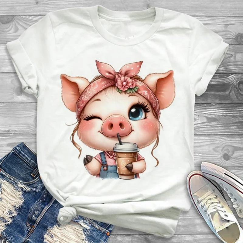 Rosa Schleife Eule Niedliches Tiermuster Damen Bedrucktes T-Shirt Lässiges Cartoon O-Ausschnitt Top Damen Kurzarm Stil Weißes T-Shirt
