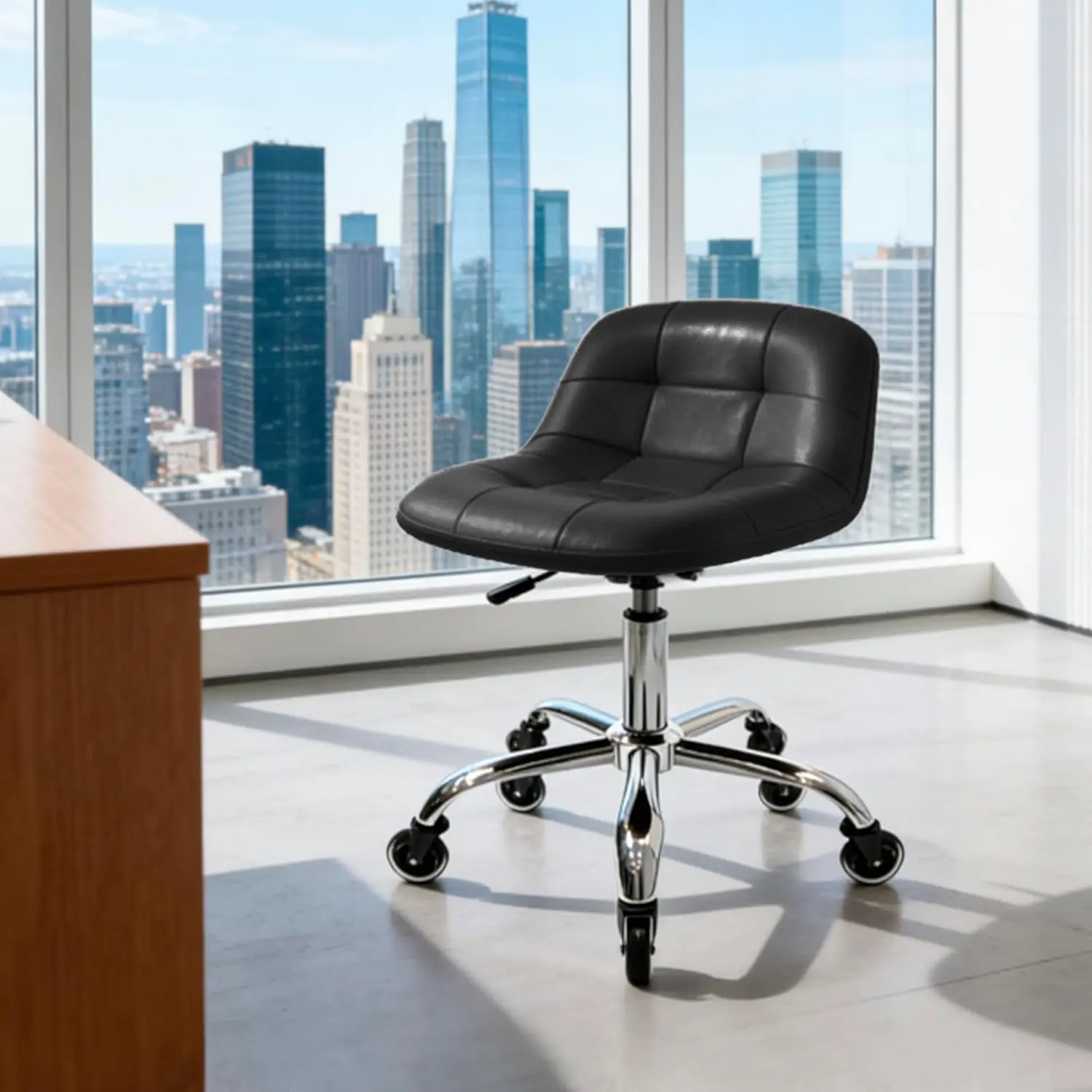 Adjustable Rolling Stool with Back Support, PU Leather Cushion for Office, Kitchen, Salon, Garage