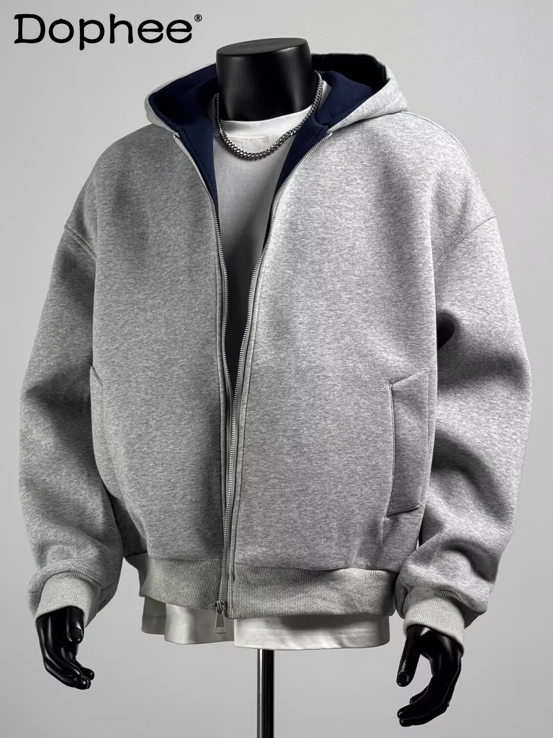 

Heavy-duty American-style Zipper Hooded Sweatshirt for Men Stylish Autumn Gray Cardigan, Loose Casual Versatile Hoodie Jacket
