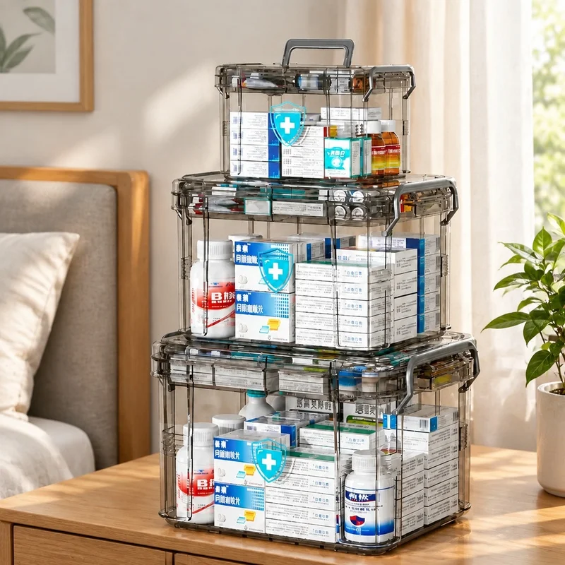 Transparent double-deck waterproof storage box with rectangular lid, durable PP plastic for emergency medications and first aid