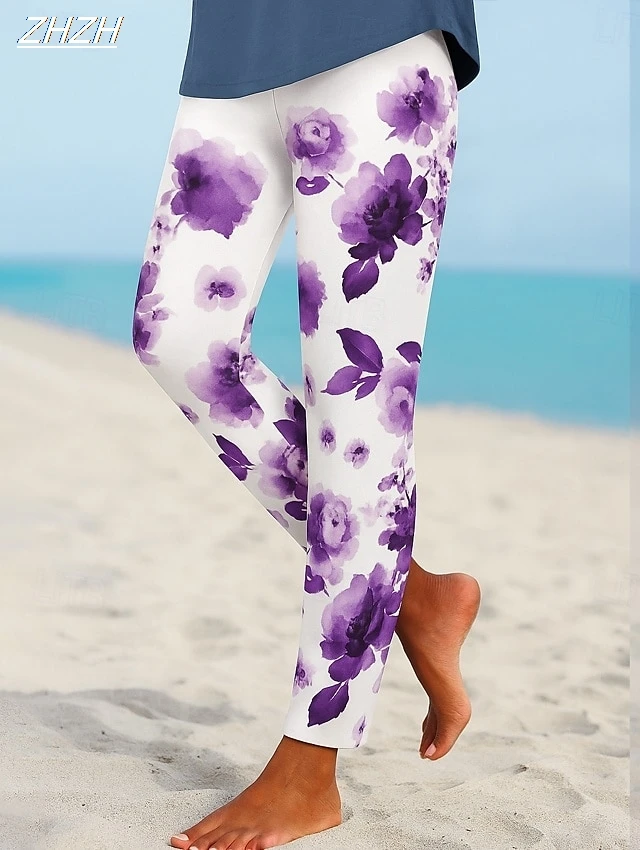 2025 Women's Leggings Ethnic Style Graphic Flower Pants Trousers Polyester Spandex Stretch Elastic Waist,Control Fall Streetwear