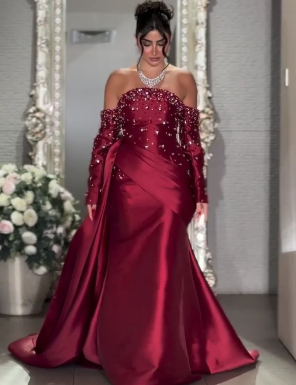 

Customized Sizes Available Charmeuse Pleat Sequined Mermaid Off-the-shoulder Long Bespoke Occasion Party Dresses