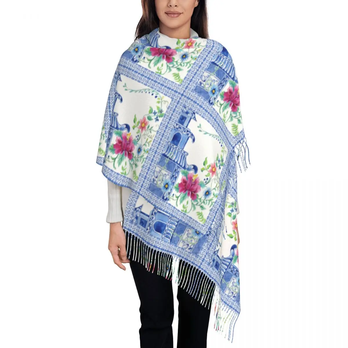 

Синий азиатский винтажный стиль, шинуазри, цветочный шарф с кисточками и пагодой, мягкие антикварные шали из ловли ивы, женские зимние шарфы