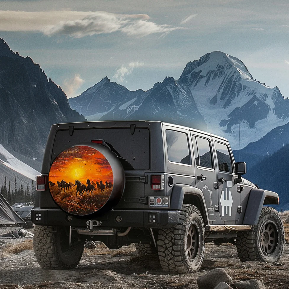 1pc - Vibrant Sunset Mustangs Galloping Spare Tire Cover - Durable Polyester, Windproof & Dustproof, Easy to Install for RVs