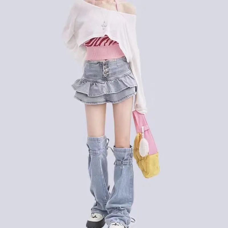 High Street Washed Denim Skirts Women's Casual Hig Waist Ruffle Jeans Skirts With Patchwork Bandage Leg Covers