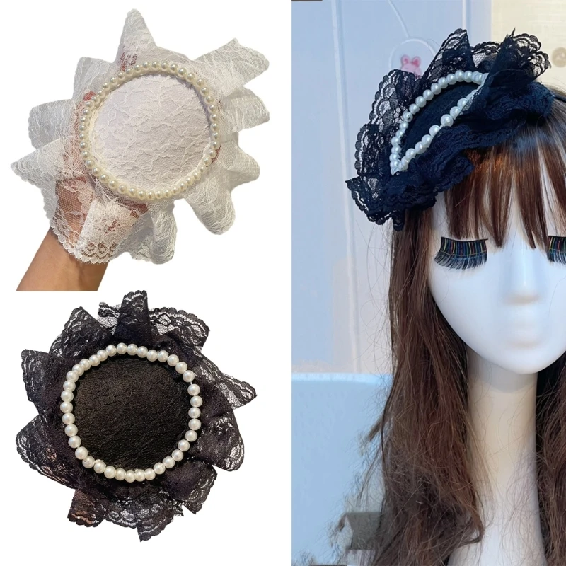 

Retro Round Pearl Beaded Lace Mesh Hairband Women Elegant French Fascinator Headband for Tea Party Wedding Costume Headdress