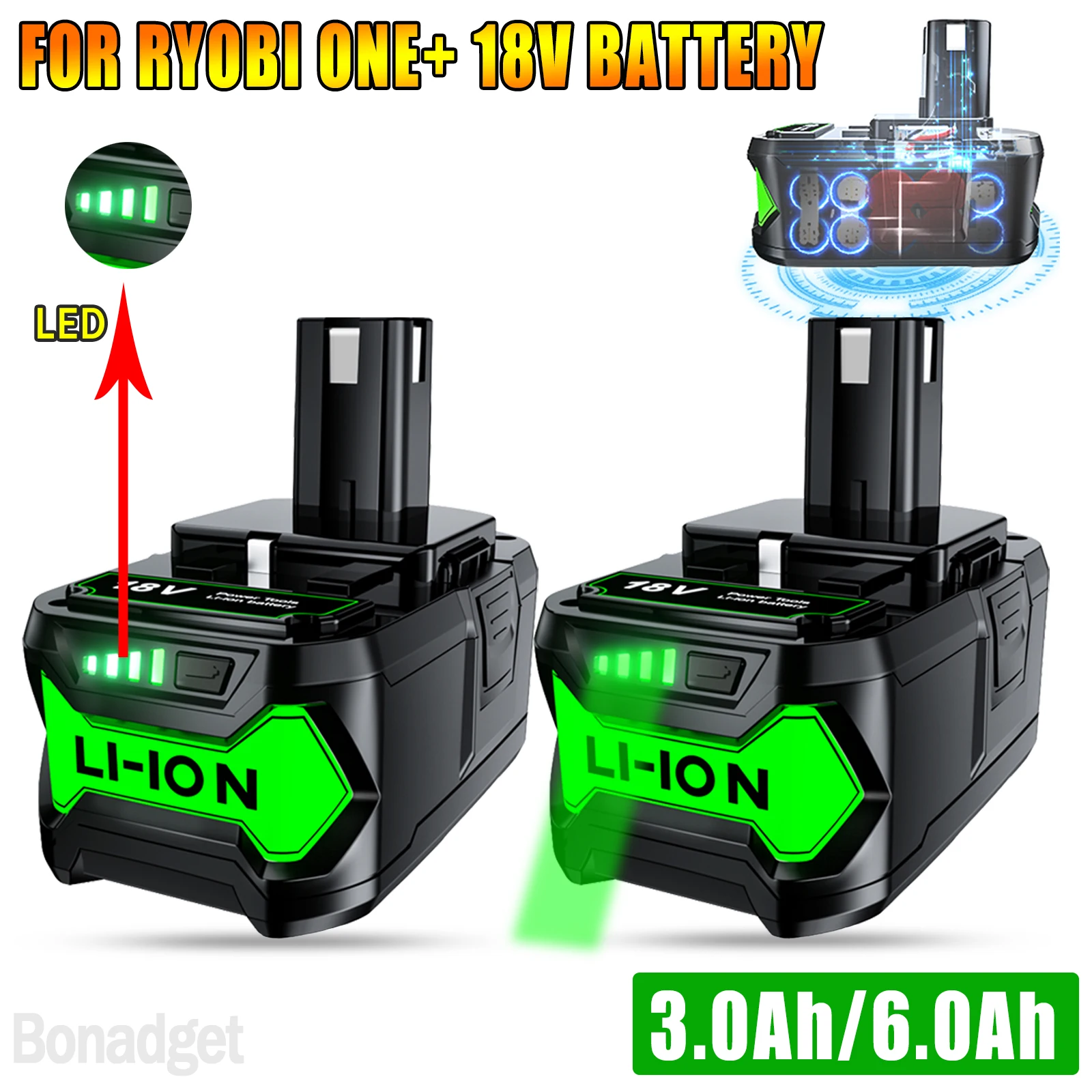 

Bonadget 3.0Ah/6.0Ah Replacement Battery for Ryobi 18V Li-Lon Battery for P108 P102 P104 P105 P107 +12V/14.4V Battery Charger