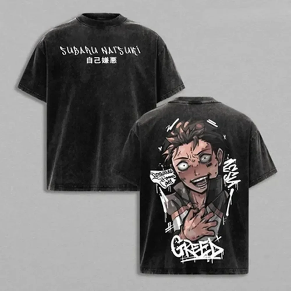 Anime Re:ZERO Natsuki Subaru T-shirt For Men's Clothing Vintage Washed Oversized T Shirt Summer Short Sleeve Cotton Tees Tops