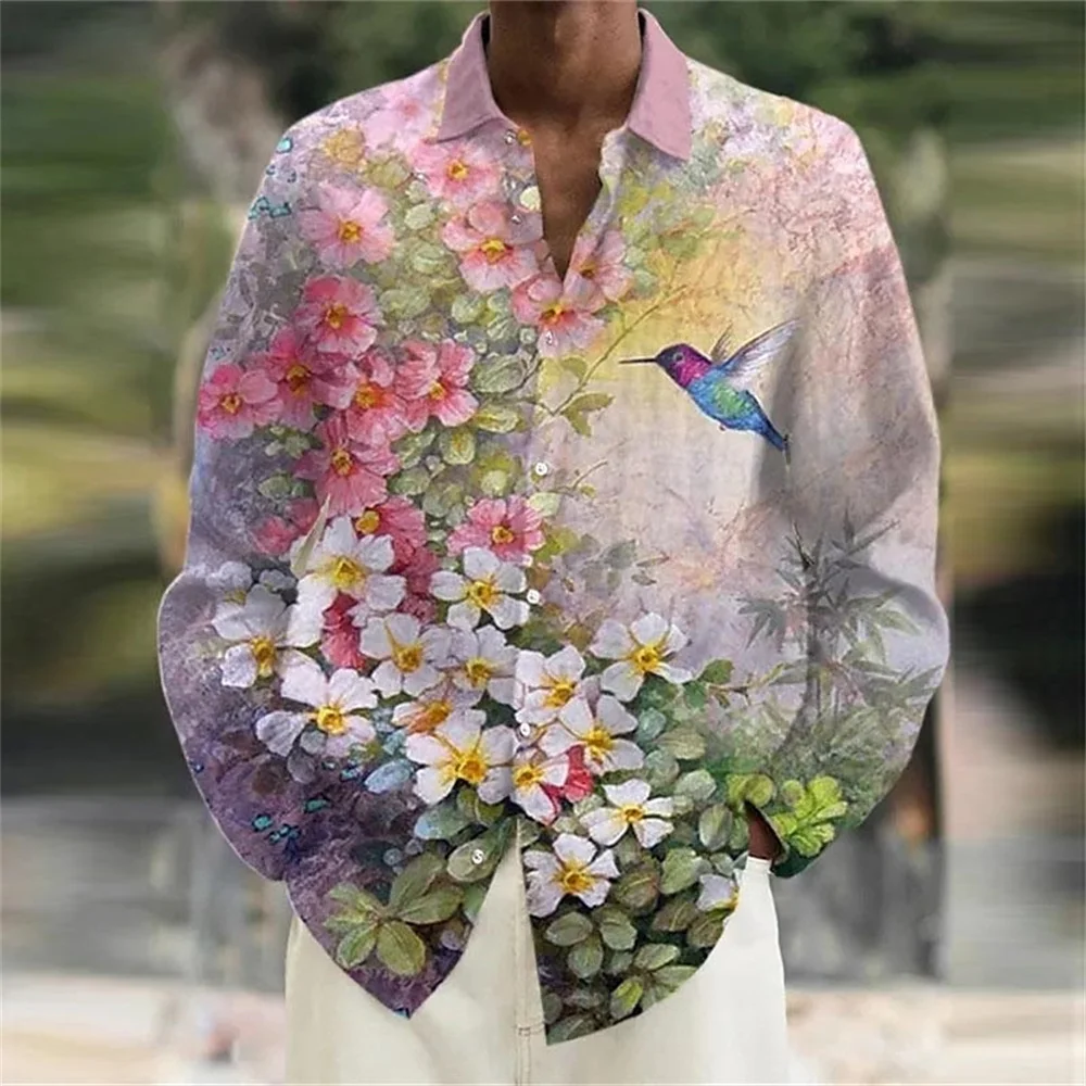 Men's Floral Pattern Printed Collar Long Sleeve Shirt Outdoor Streetwear Fashionable Designer Top