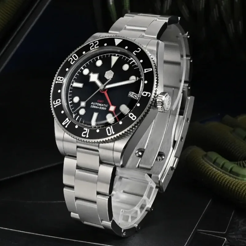 San Martin Men GMT Watch 39mm Automatic Mechanical Wristwatch Diver 10ATM Luminous Sapphire Bidirectional Aluminum Bezel NH34