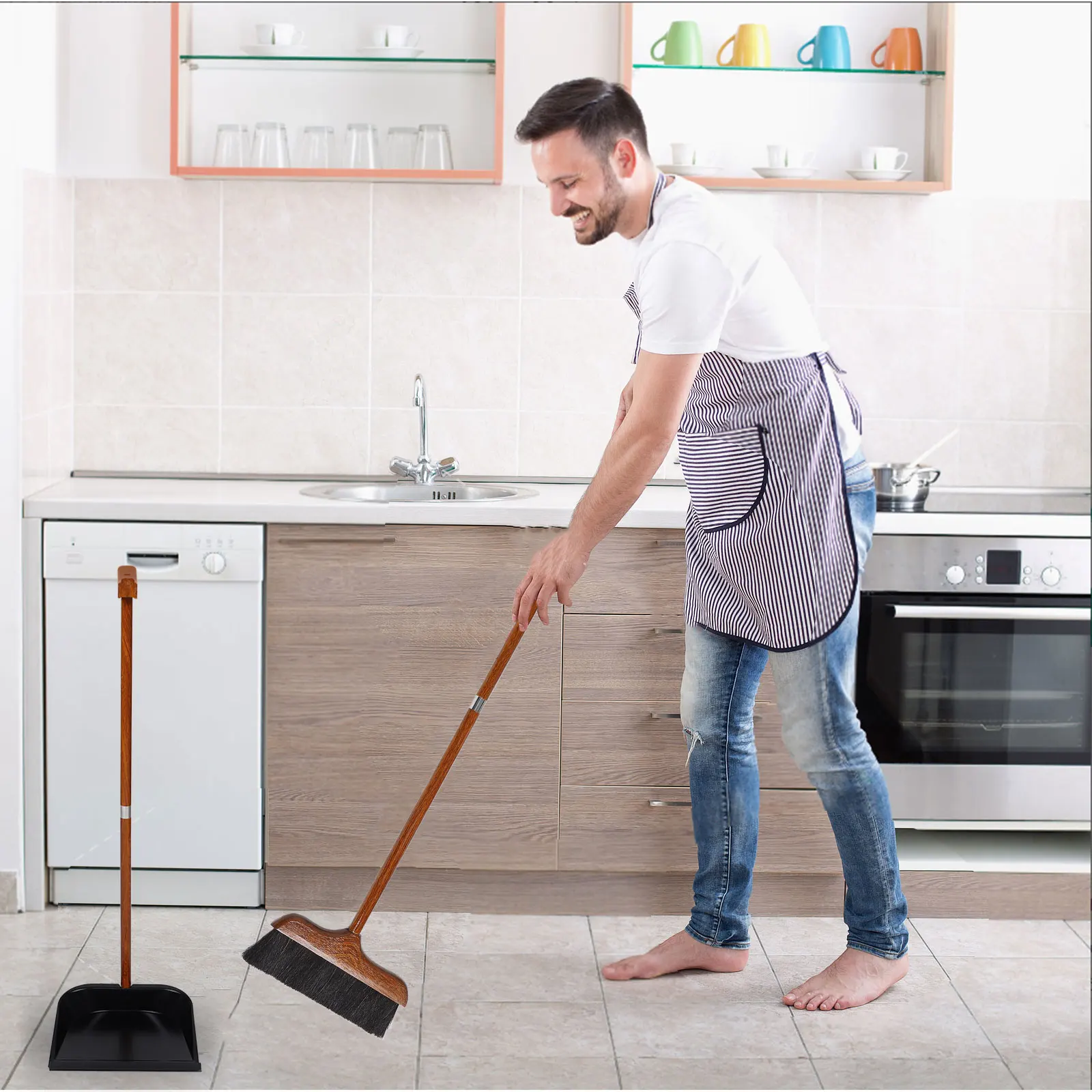 

Long Handle Broom Dustpan Set Redwood Horsehair Soft Bristles Wide Mouth Rubber Lip Standing Household Sweeping Tool For Home