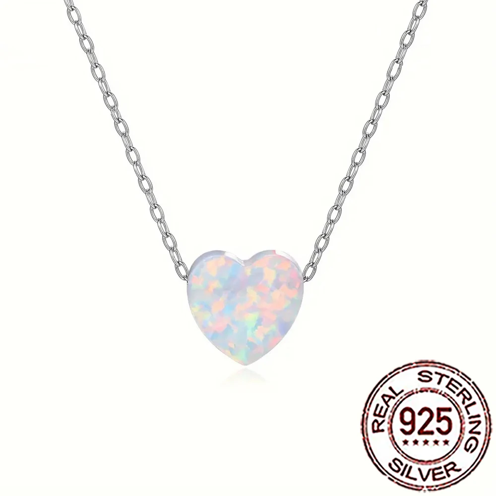 QooLady 925 Sterling Silver Delicate Mystical White Opal Heart Shape Pendant Necklace for Women Engagement Wedding Jewelry SD055