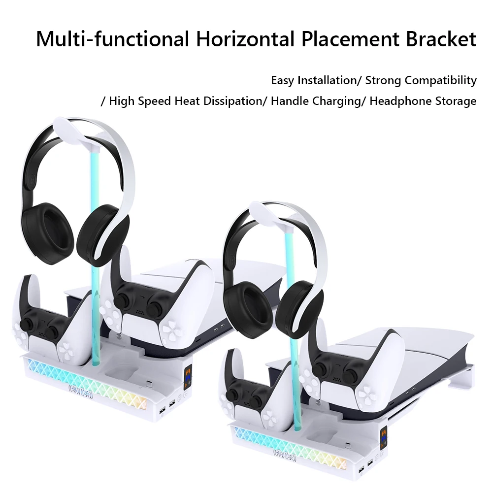 For PS5 Slim Horizontal Stand with 3-Level Cooling Fan & RGB Light Dual Controller Charger Headphone Hanger for PS5 Slim Console