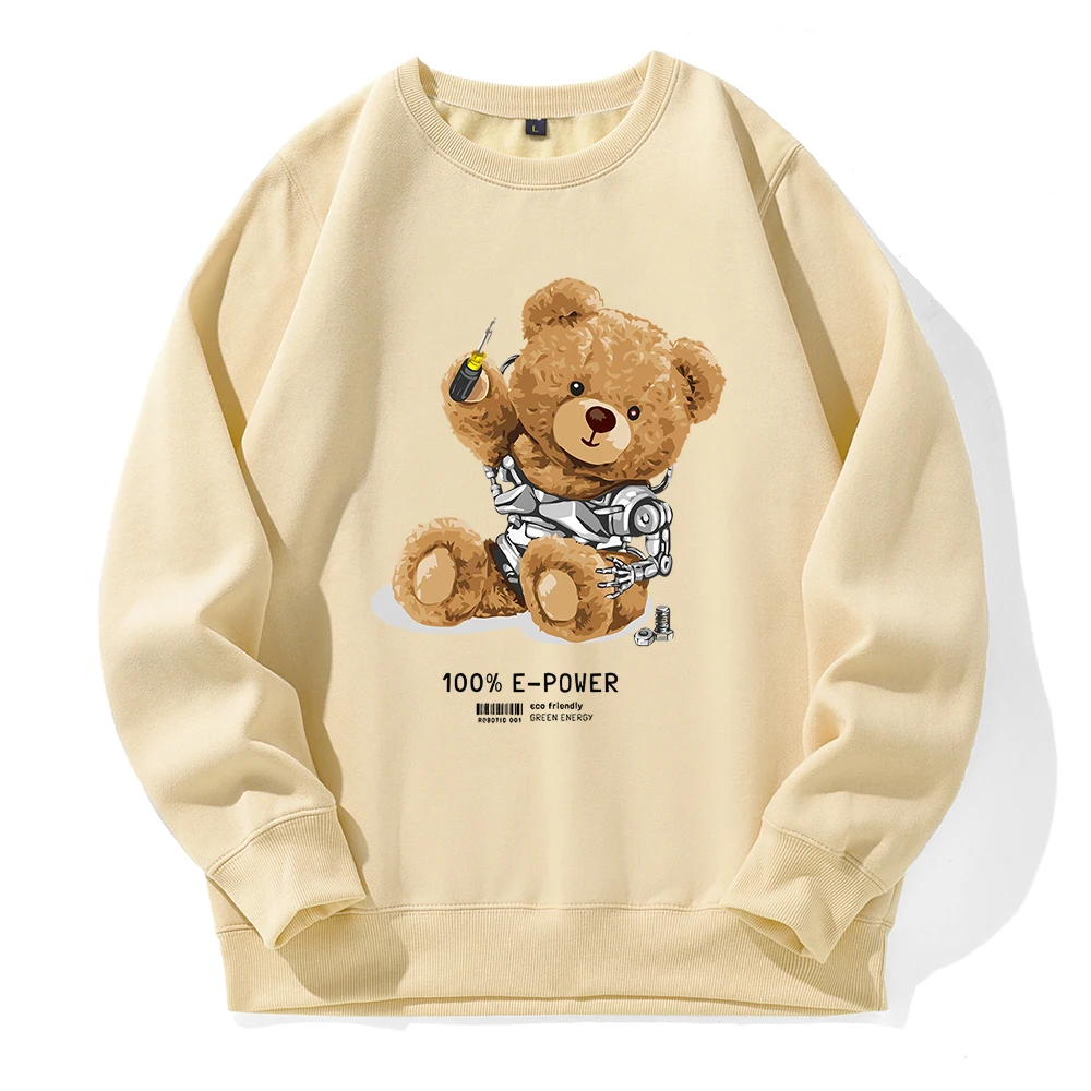 Please Repair Me To100% E-Power Teddy Bear Men Hoodies Crew Neck Basic Hoody Loose Oversize Hoodie Casual All Match Sweatshirt