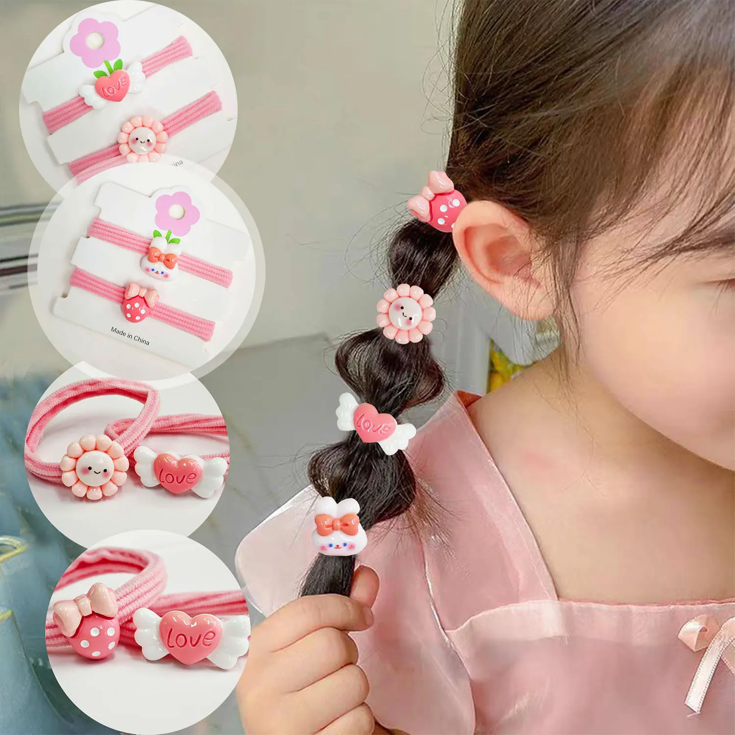

2psc Kids Fashion Hair Rope, Bunny Angel Love Strawberry Cute Hair Rope Set, Durable Soft Rubber Band Resin Birthday Gift