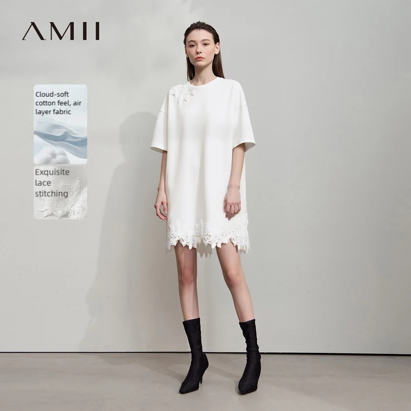 

Amii Women's T-shirt 2026 Spring New O-neck Drop Shoulder Short Sleeve Patchwork Lace Cotton T-shirt Women's Loose Top 12611010