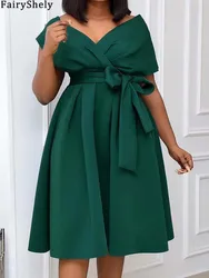 FairyShely 2025 Solid V Neck Plus Size Dress Sexy Women Short Sleeve Large Big Bow Dresses Summer Lady Party Tight Curvy Dress