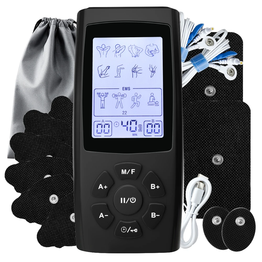 Masseur électrique pour la relaxation des nerfs et des muscles, 28 modes, 40 niveaux, appareil de massage corporel TENS à impulsions, machine amincissante, masseur rechargeable avec patchs