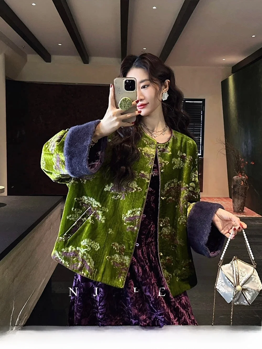 

Sanji Bla Flower New Chinese Sle Heavy Work Lacquer Velvet Women's Winter Cotton Jaet Trendy Commute Loose Fit Nylon