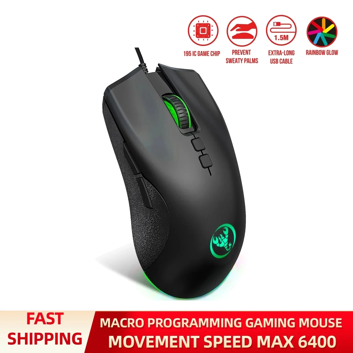 Adjustable movement speed A883 Wired Gaming Mouse Colorful Glow 7D Macro Programming Gaming Mice For Laptop Office Home