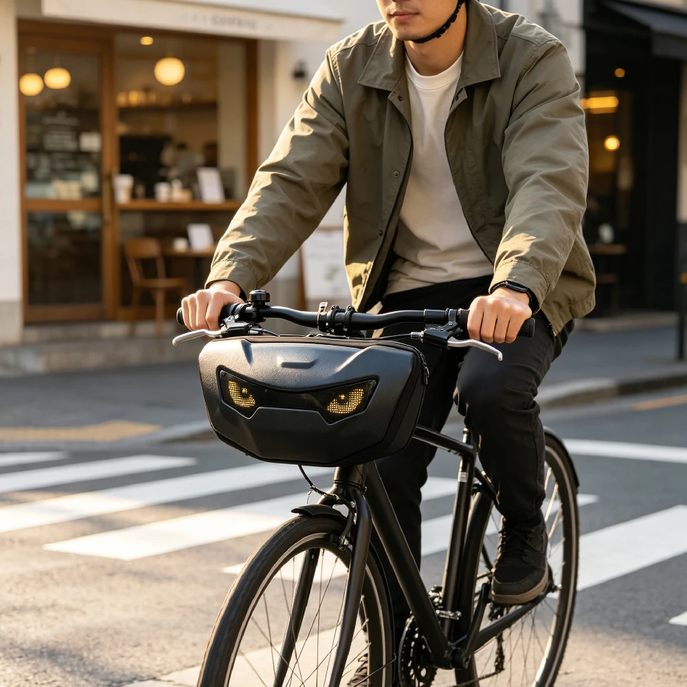 APP-Customizable Pixel Cycling Front Bag, Large-Capacity Waterproof Phone Pouch for MTB Handlebar, E-Bike Smart Display Storage
