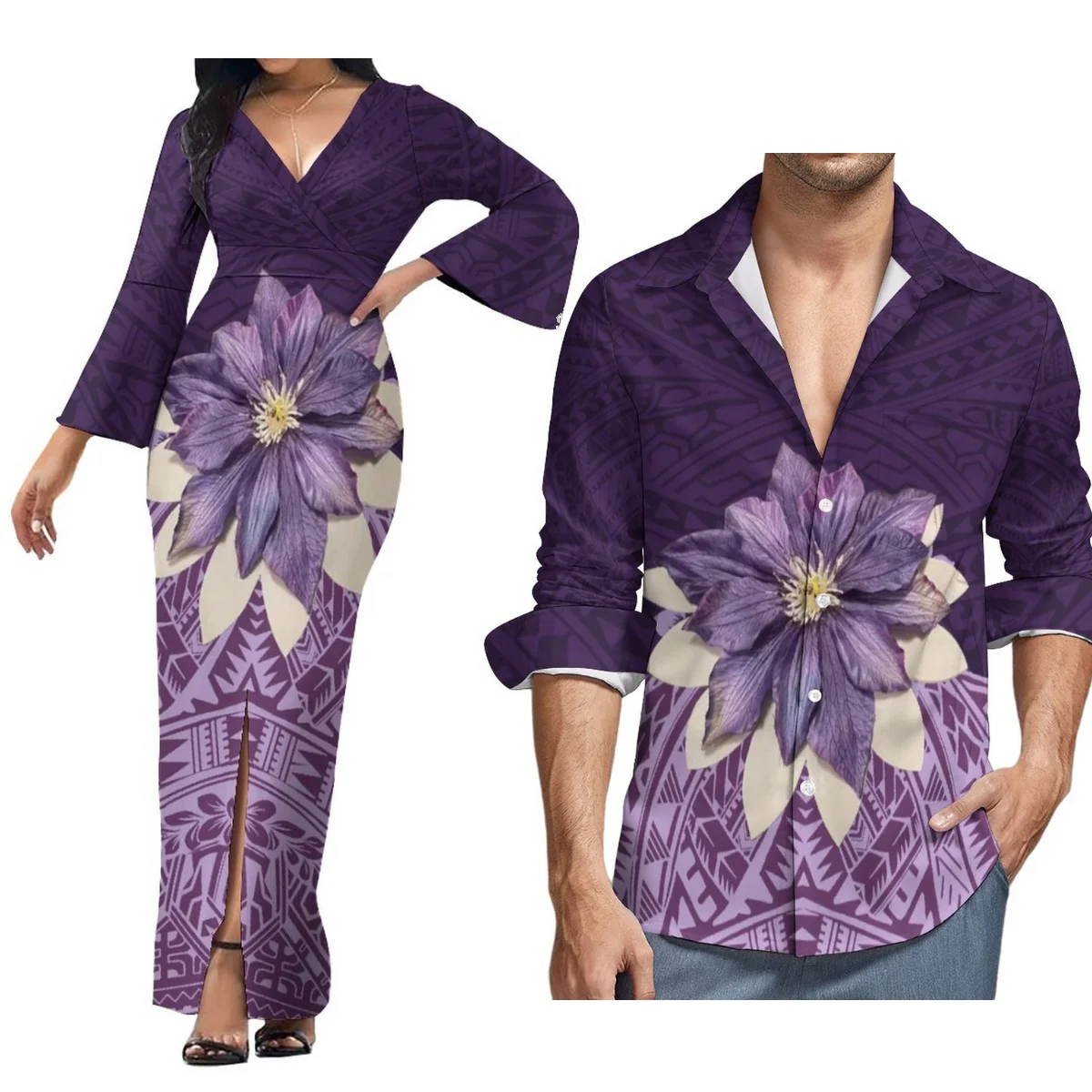 

Women'S V-Neck Long-Sleeved Dress And Men'S Long-Sleeved Shirt Polynesian Print With Couple Suit Free Shipping