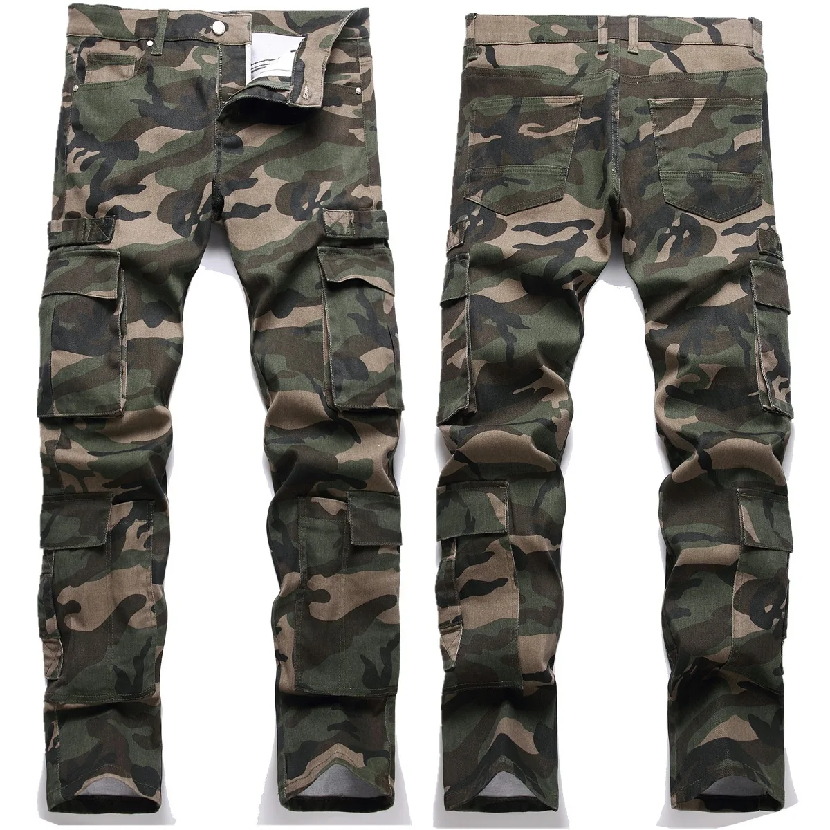 Men's Camouflage Jeans With Large Pockets Slim Fit Comfortable Metal Buckle Army Style Trendy Pure Cotton Casual Trousers 2025