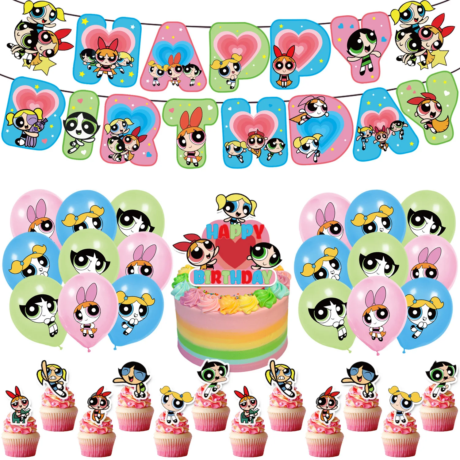 Powerpuff Girls Party Decoration Kawaii Anime Happy Birthday Party Supply Banner Cake Insert Topper Balloon