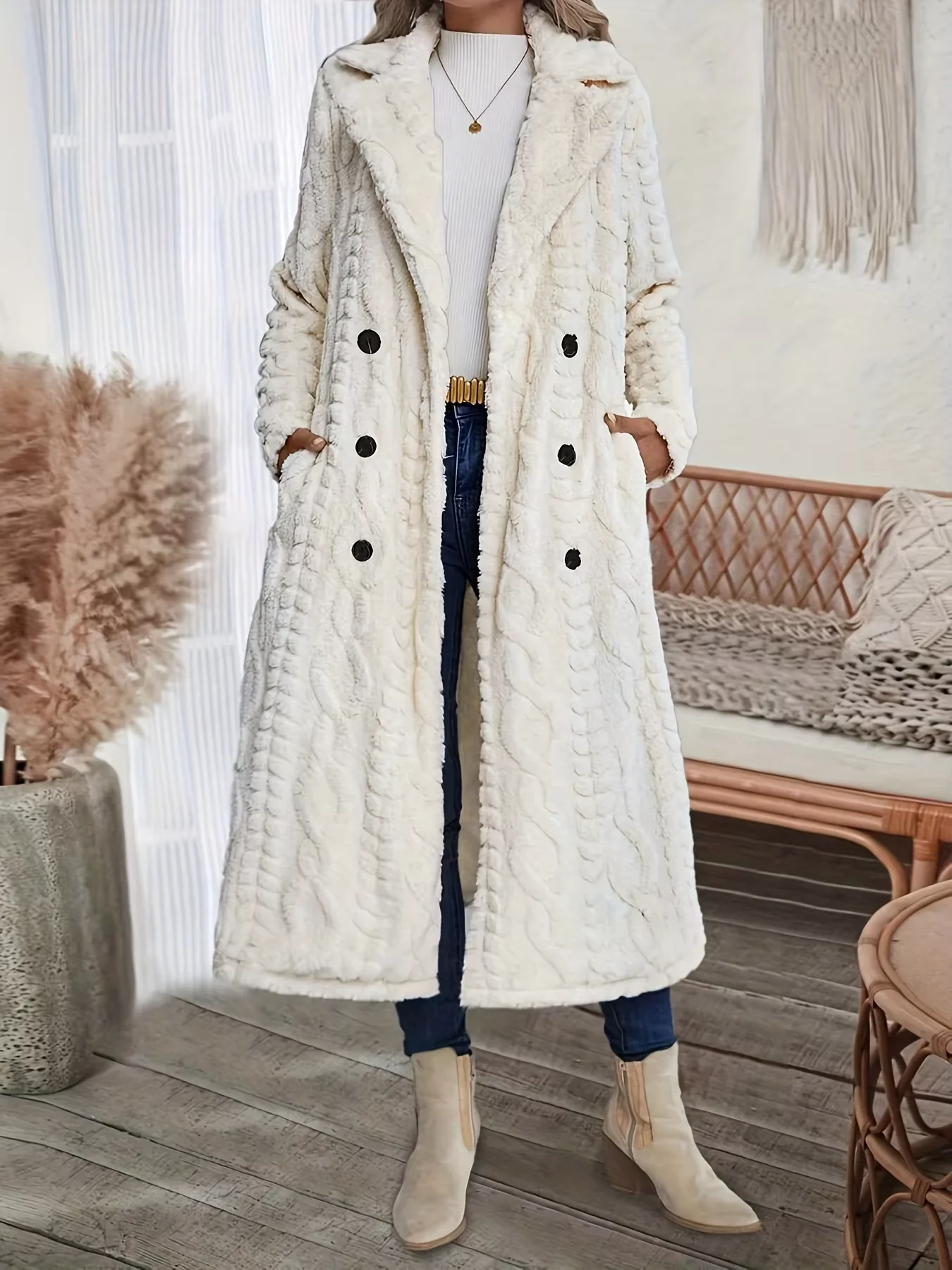 New autumn-winter women's textured jacquard beige coat with double-breasted buttons and pocket embellishments featuring a fluff