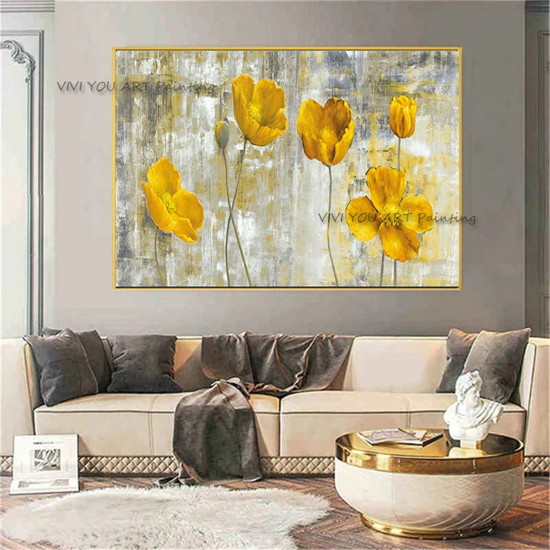 Natural Abstract Wall Decor 100% Handmade Large Yellow Flower Oil Painting on Canvas High Level Wall Art Picture for Living Room